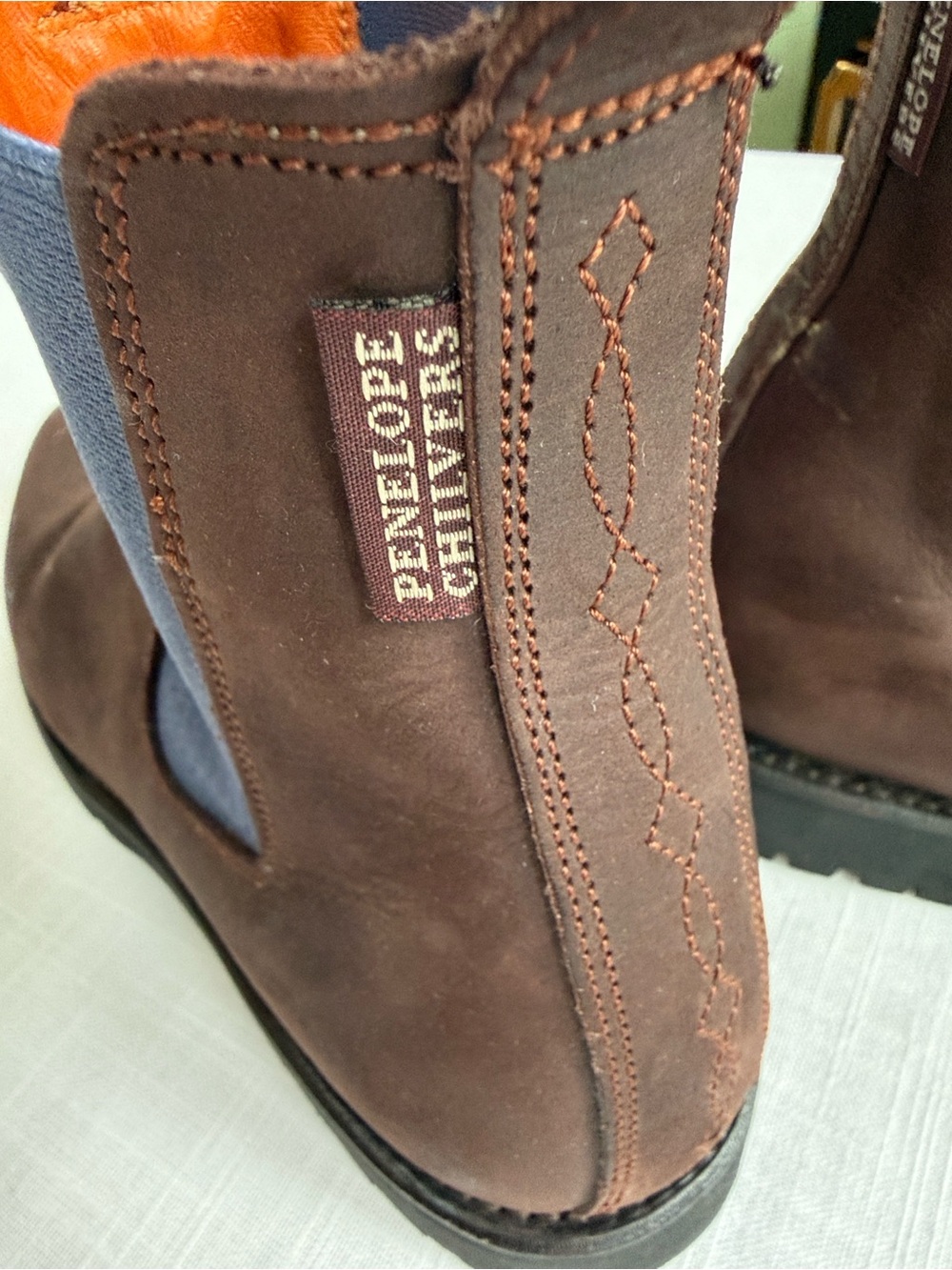 Penelope Chilvers women  Brown Leather Chelsea Boot with Navy Elastic